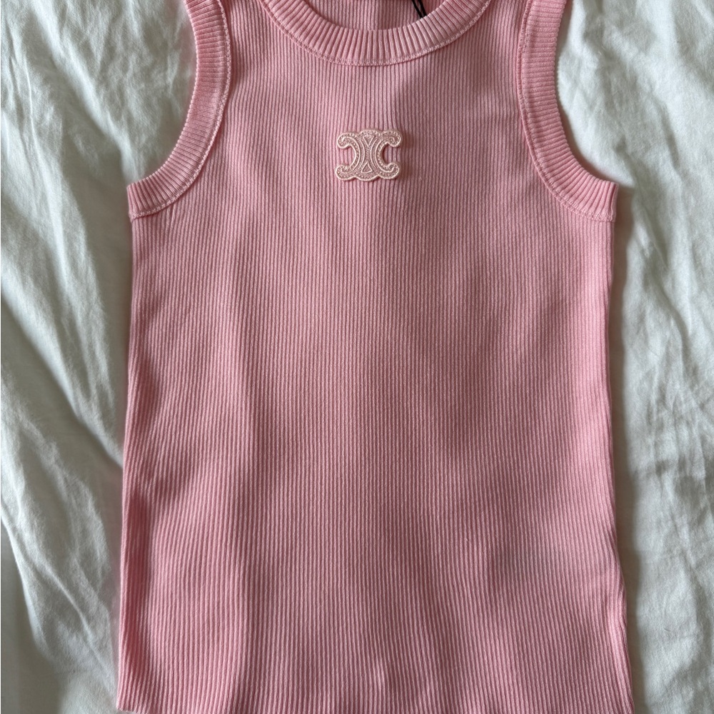 Celine Pink Ribbed Tank Top with Signature Embroidered Logo
